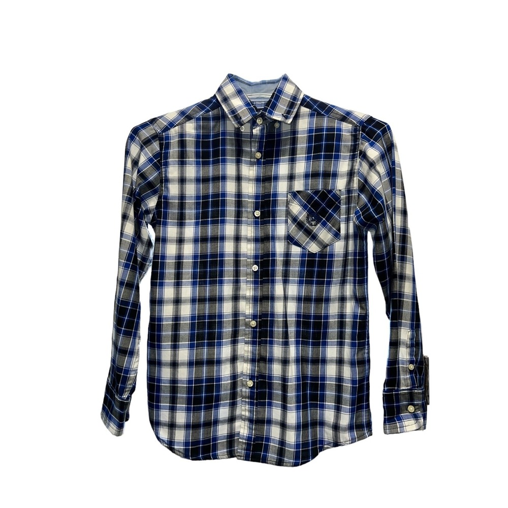 Chaps Button Down Shirt Boy size Medium 10-12 White Blue Black Long Sleeve‎